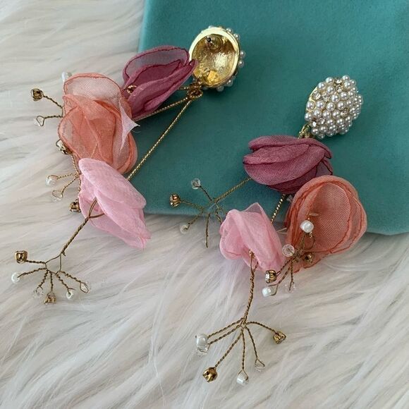 New mesh flower and pearl earrings(Silver Needle) - Picture 14 of 14